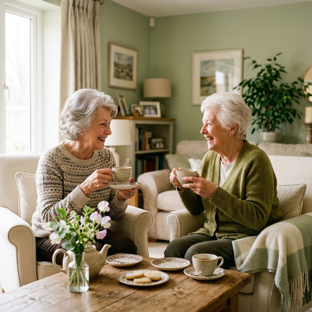 Care home residents enjoying a relaxed moment together — the warm, unhurried environment Jacki's visits are part of